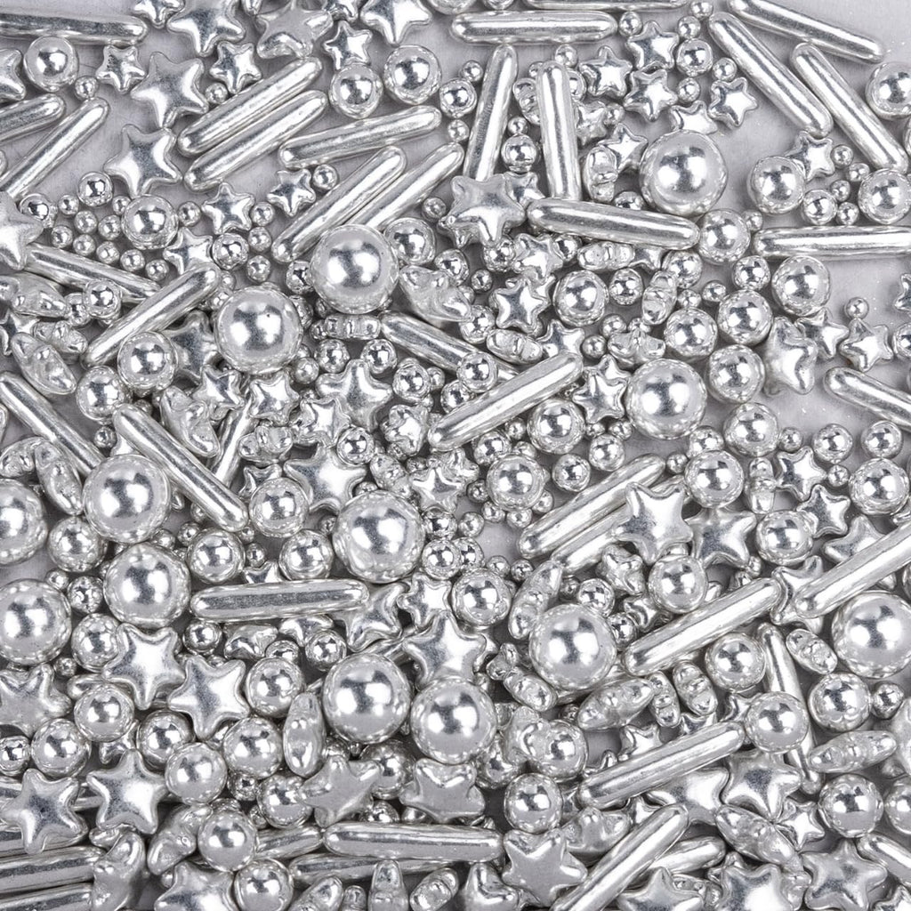 Dazzjoy Edible Silver Star Pearl Sprinkles, Ball Sugar Candy, Edible Silver Pearls for Cake Sprinkles, 130g/4.58oz, Cupcake & Cookies Topper Decoration, Wedding Party Halloween Christmas Supplies