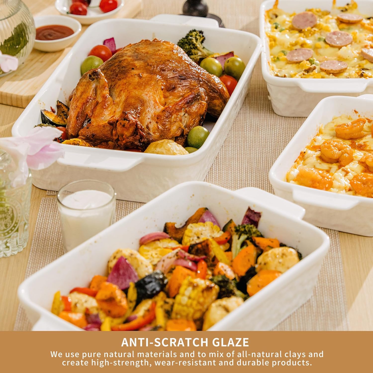 Casserole Dishes for Oven, Baking Dishes, Ceramic Bakeware Sets of 4, Rectangular Baking Pan Set with Handles for Baking, Casserole, Kitchen, Wedding Gift,White