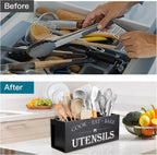 Suli Extra Large Kitchen Utensils Holder with 4 Compartments, Wooden Utensil Organizer for Kitchen Countertop, Farmhouse Kitchen Decor, Rustic Cooking Utensil - Black