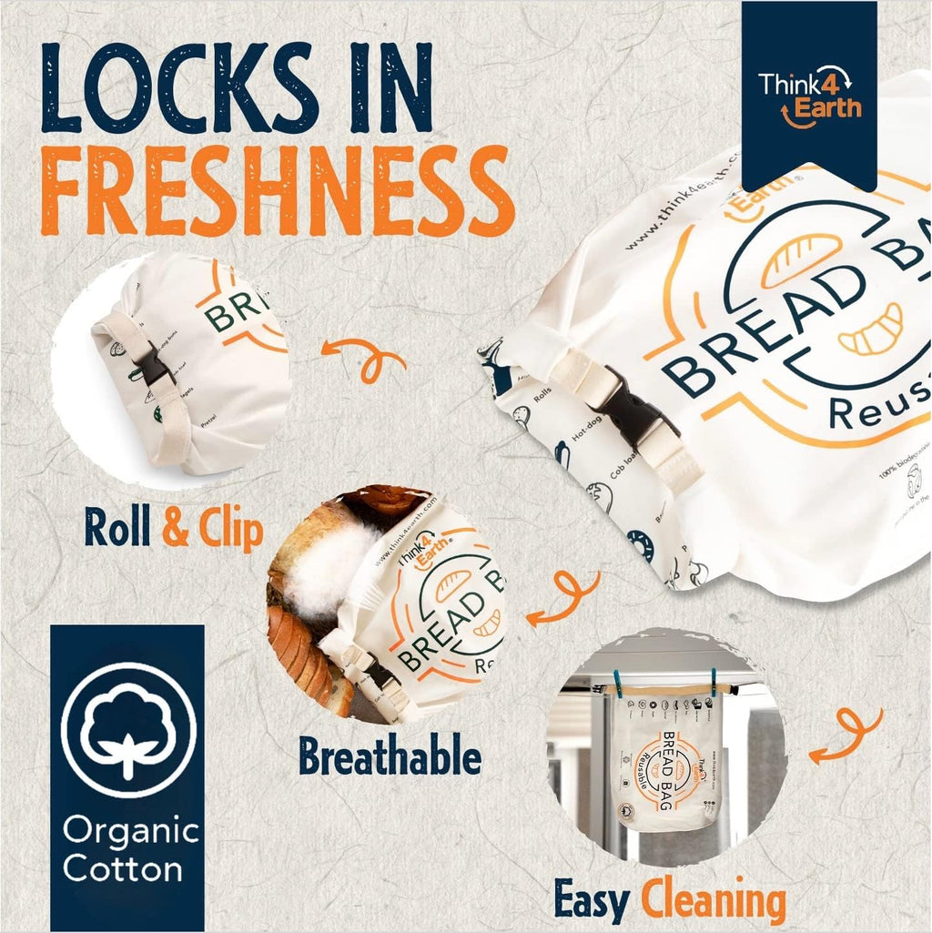 Think4Earth® - Reusable Organic Cotton Bread Bag for Homemade Loaves Large | Premium Quality Storage Bags - Unique Cotton Bags for Sourdough, Safe and Eco-Friendly (2 Units)