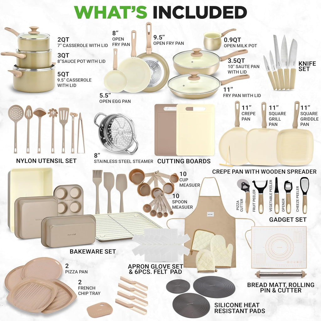 NutriChef 75-Piece Non-Stick Pots and Pans Set, Complete Ceramic Cookware Set with Bakeware, Utensils, Knife Set, & Accessories, Stain-Resistant, Food-Grade Safe, Cream/Brown