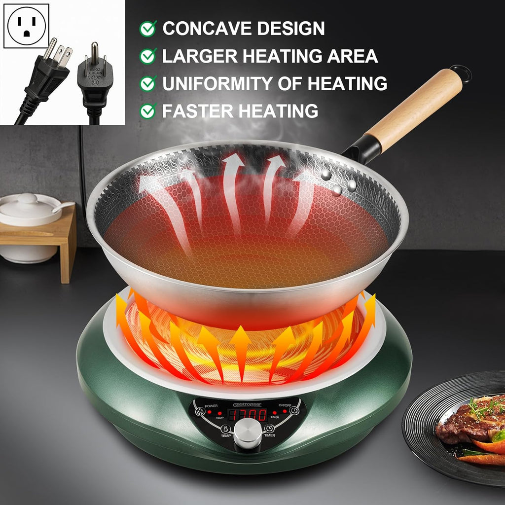 Induction Wok Pan Cooktop 1700W (85V~175V) 16 Levels Temperature & Power Control Induction Wok Burner with 18 Hours Timer, Auto-off, Fast & Even Heating Concave Electric Stove (Green)