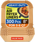 300 Pcs Air Fryer Paper Liners, 8" Square Air Fryer Liners Disposable, Heavy-duty Parchment Paper for 5-8 qt Airfryer Basket, Non-Stick & Grease Proof Baking Liner for Oven Pan
