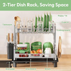 BOOSINY 2 Tier Stainless Steel Dish Drying Rack for Kitchen Counter, Large Dish Dryer Rack for Saving Space, Dish Drainers with Cup Holder & Utensil Holders, Silver