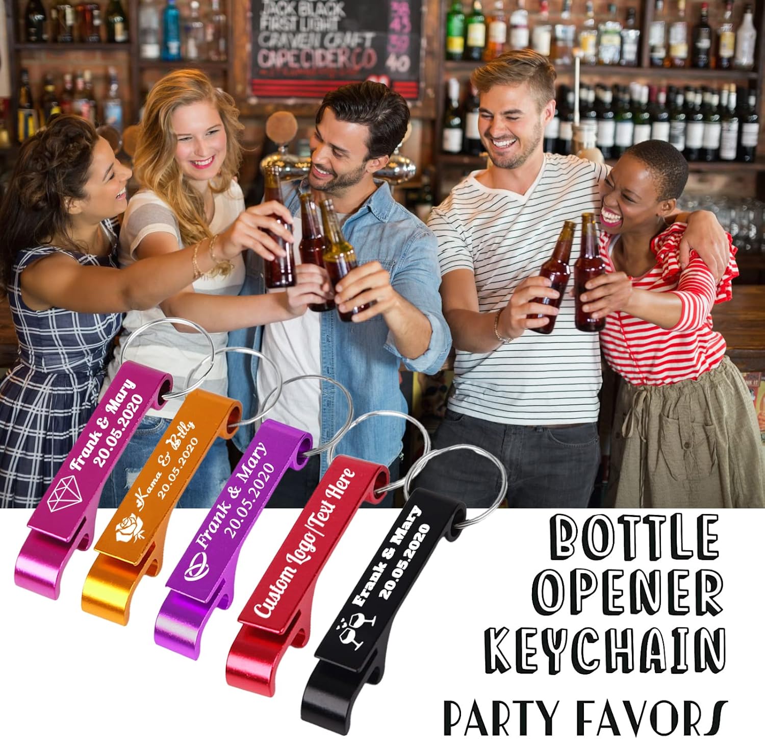 100PCS Personalized Bottle Opener Keychain Bulk Custom Beer Bottle Opener with Logo Text Engraved Wedding Bottle Opener Favors Customized Gifts for Guests Baby Shower Birthday Party-Silver