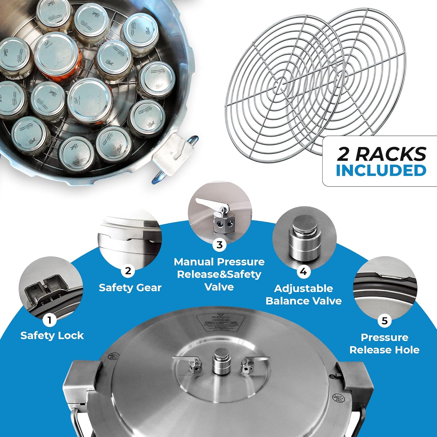 Buffalo 37 Quart Stainless Steel Pressure Cooker Extra Large Canning Pot with Rack and Lid for Commercial Use - Easy to Clean Stove Top Pressure Canner, Can Cooker - Safety Goods Certificate QCP435