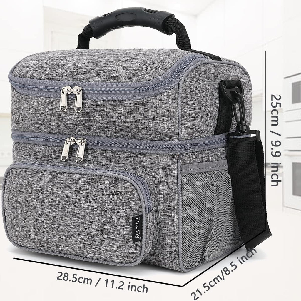 FlowFly Double Layer Cooler Insulated Lunch Bag Adult Lunch Box Large Tote Bag for Men, Women, With Adjustable Strap,Front Pocket and Dual Large Mesh Side Pockets