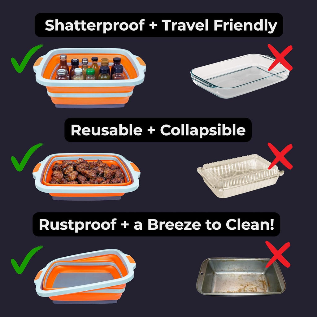 Collapsible X-Large (16L) BBQ Marinating Tub w/Cutting Board | Multipurpose Food-Grade TPE Prep Tub w/Lid | Built-In Colander & Drain Plug - For Camping | Tailgate | Picnic - Bold Orange