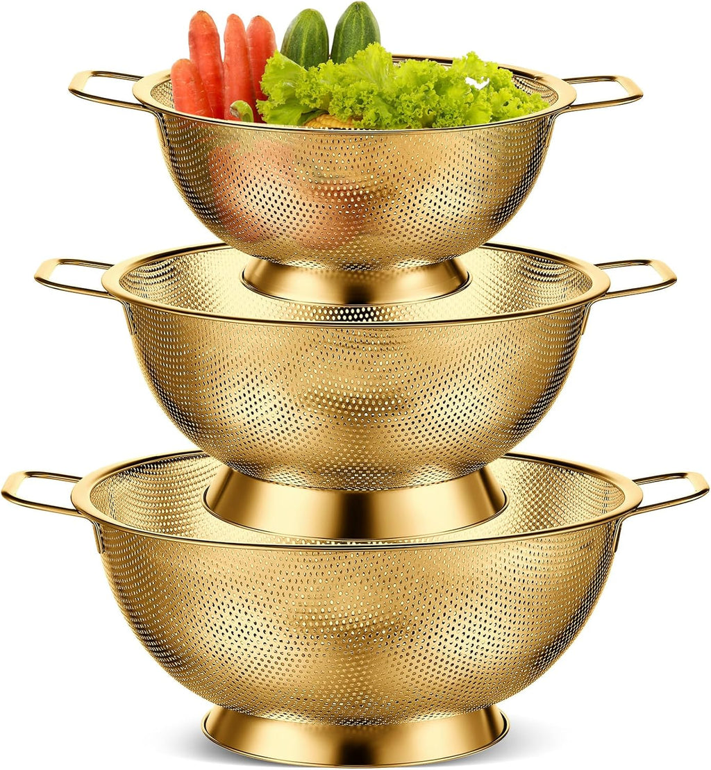 Bokon 3 Pcs Stainless Steel Colander Set Colander Bowl and Sieves 1/3/5 Quart Metal Mesh Strainer Net Basket with Handles Food Spaghetti Strainer for Kitchen Draining Pasta Rinsing(Gold)