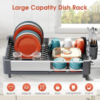TOOLF Dish Drying Rack for Kitchen Counter, Extendable Dish Rack with Drainboard, Expandable Dish Drainer, Collapsible Dish Strainer with Cutlery Holder, Foldable Home Plate Rack, Alu Gray