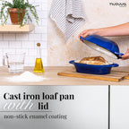 Dutch Oven For Sourdough Bread Baking – Enamelled Cast Iron Bread Loaf Pot – Oven Safe Non Stick Bread Pot – Rectangular, Dark Blue, 24cm x 16cm – by Nuovva