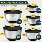 Stainless Steel Mixing Bowls with Lids Set, 5 Sizes, 3 Graters, Non-Slip Base, Airtight Lids, Metal Mixing Bowls for Kitchen, Food Prep, Storage, 0.63QT-5QT, Black