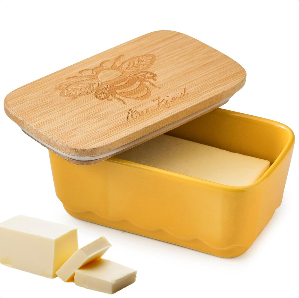 Covered Butter Dish with Lid, Large Butter Dishes for Countertop, Yellow Butter Holder with Airtight Seal Butter Container for East West Coast Butter, HoneyBee Table Decor
