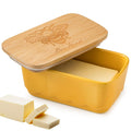 Covered Butter Dish with Lid, Large Butter Dishes for Countertop, Yellow Butter Holder with Airtight Seal Butter Container for East West Coast Butter, HoneyBee Table Decor