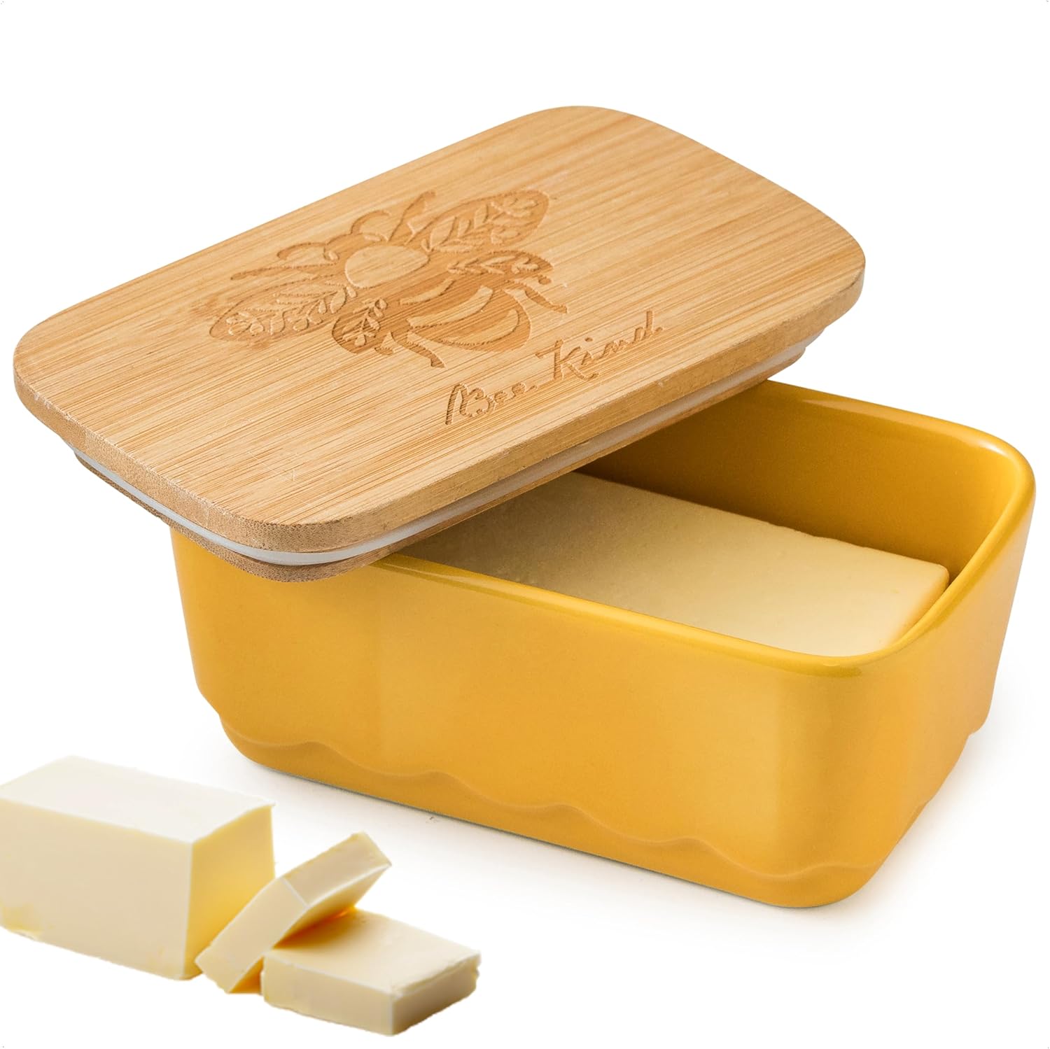 Covered Butter Dish with Lid, Large Butter Dishes for Countertop, Yellow Butter Holder with Airtight Seal Butter Container for East West Coast Butter, HoneyBee Table Decor