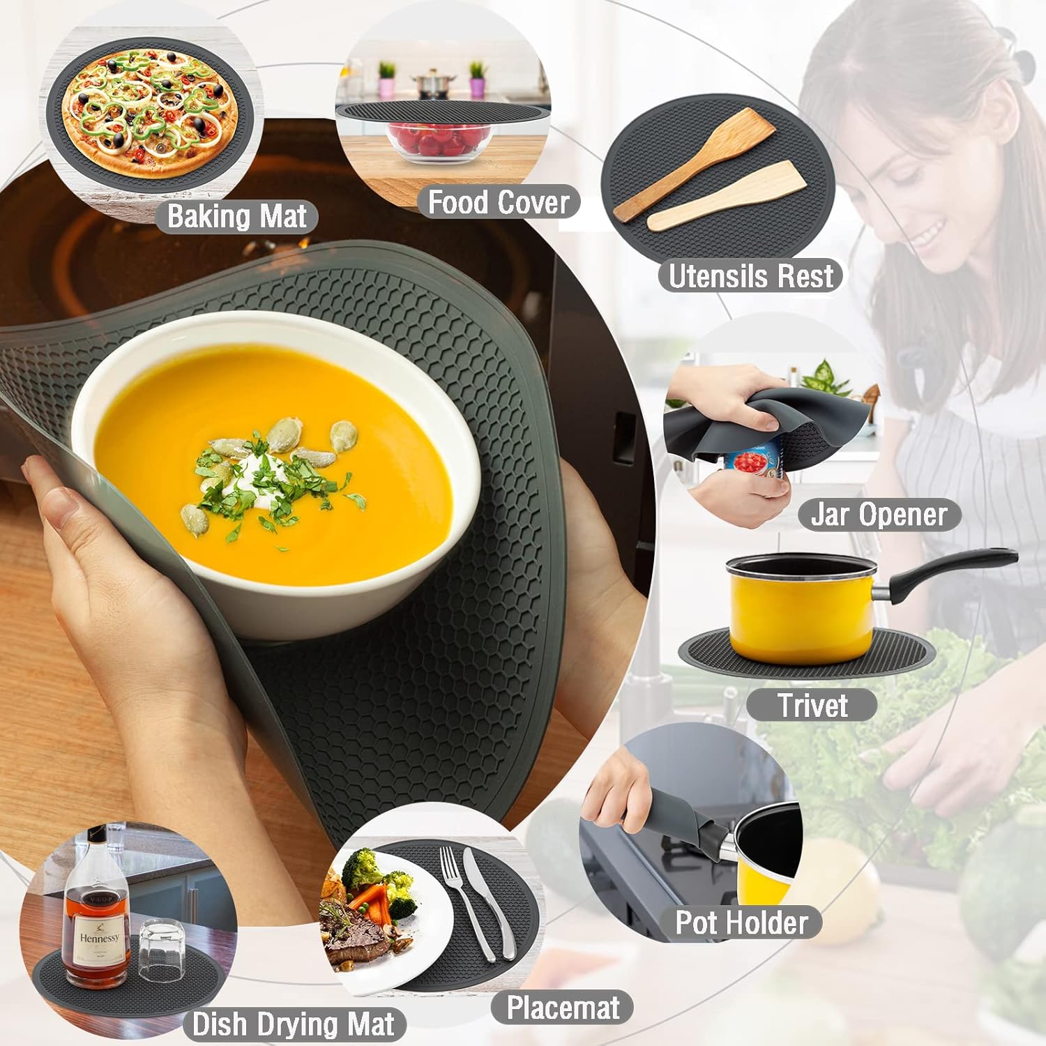 4 in 1,WENWELL Vented Collapsible Microwave Splatter Cover & Mat,Kitchen dish bowl Plate lid for Food,Dishwasher-Safe,BPA-Free Silicone & Plastic