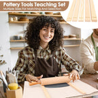 12 Pcs Pottery Tools Teaching Set, Include17in Slab Roller for Clay Pottery and 10 Pcs 5 Size Wooden Rolling Pin Guides, 1 Linen Tablecloth for Ceramic Clay Making