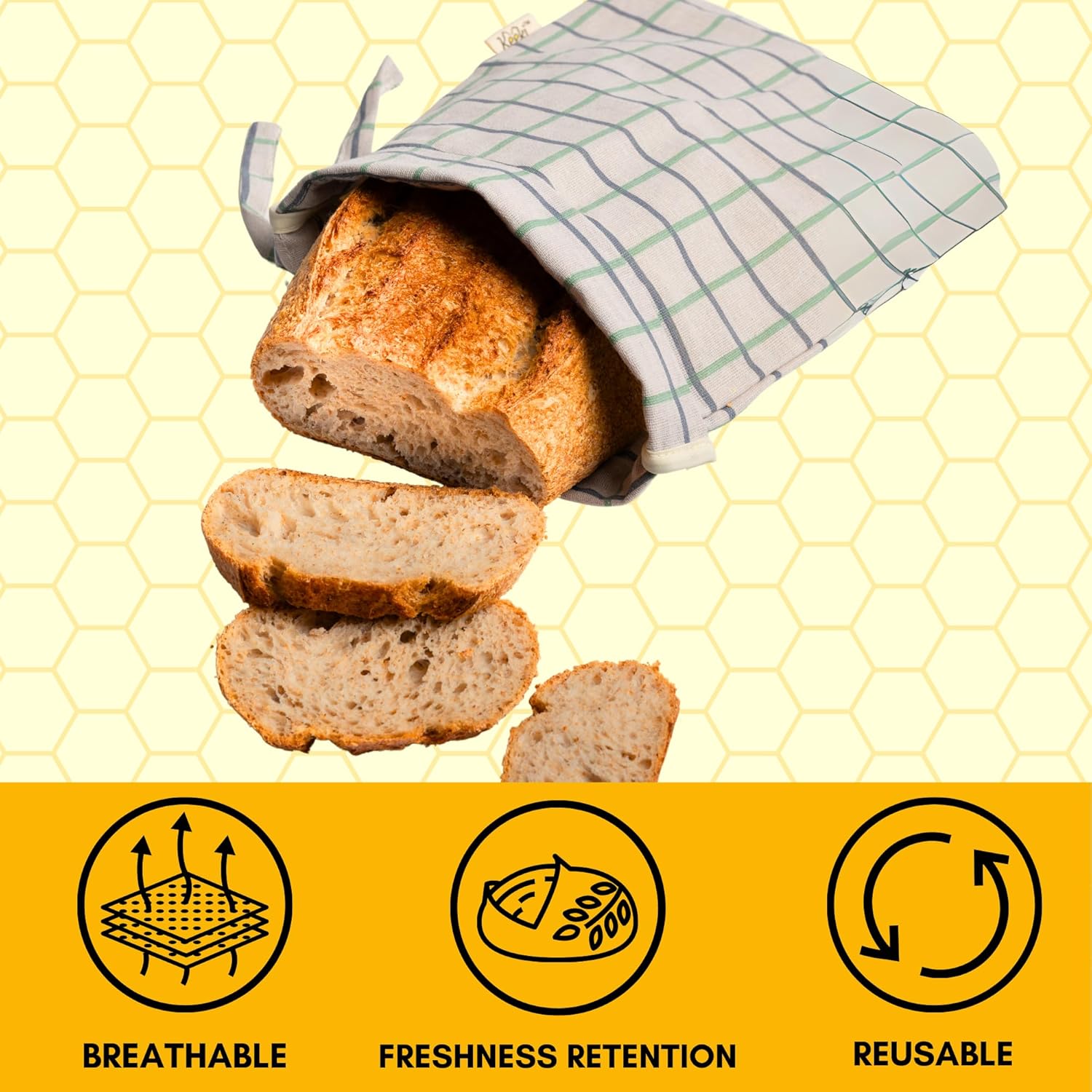 Keeki Bag - The Original Beeswax Lined Bread Bag for Homemade & Sourdough | Reusable Linen Bread Storage | Beeswax Wrap Alternative | Plastic-Free Storage w/Wide Drawstring Closure (Yellow)