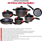 Swiss Diamond 10 Piece Nonstick Cookware Set - Diamond Enforced Aluminum Non Stick Pots and Pan Set, Dishwasher Safe and Oven Safe Pans Set, Grey