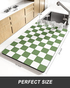 Rnivvi Dish Drying Mat for Kitchen Counter, XL 15 x 24" Cute Checkered Absorbent Draining Pad, Non-Slip Heat Resistant Coffee Bar Mat for Coffee Machine Station Accessories, Green White Dish Rack Pad