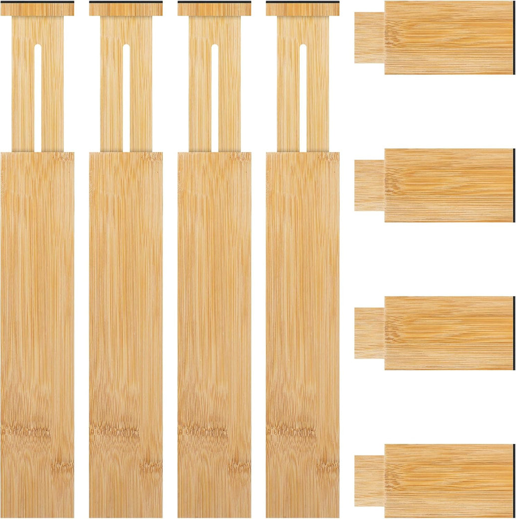 FJO 4 Pack Adjustable Bamboo Drawer Dividers - 12.5" - 21.7" Expandable Drawer Separators for Kitchen, Utensils, Clothes, Bedroom, Dresser, Bathroom (Beige)