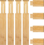 FJO 4 Pack Adjustable Bamboo Drawer Dividers - 12.5" - 21.7" Expandable Drawer Separators for Kitchen, Utensils, Clothes, Bedroom, Dresser, Bathroom (Beige)