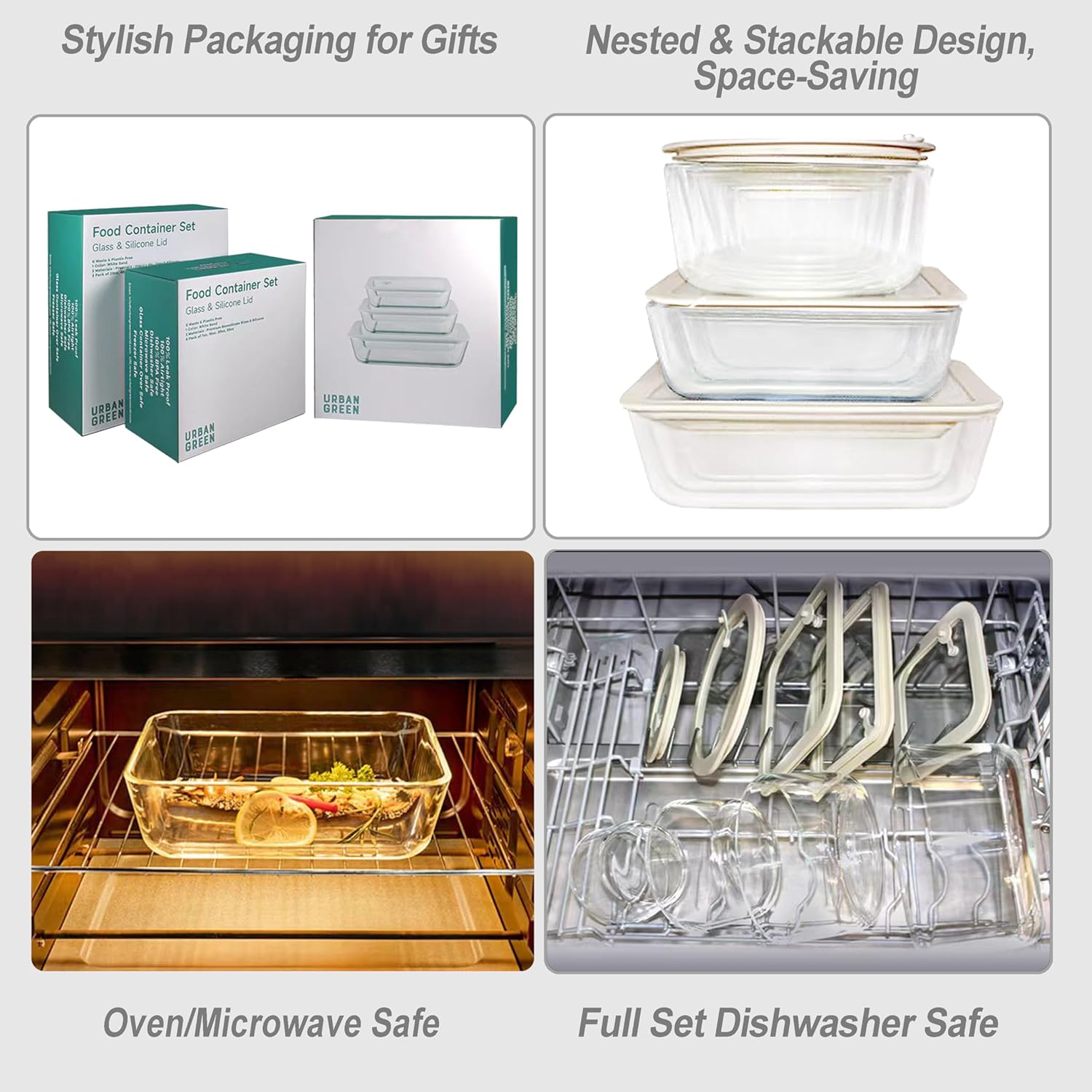 Urban Green Glass Food Container Set with Glass Lid, Large Meal Prep Container Set, Airtight Food Storage Containers with Air Vent Lid, 2 Pack, Large, 87oz, LeakProof, 100% Plastic Free, White color,