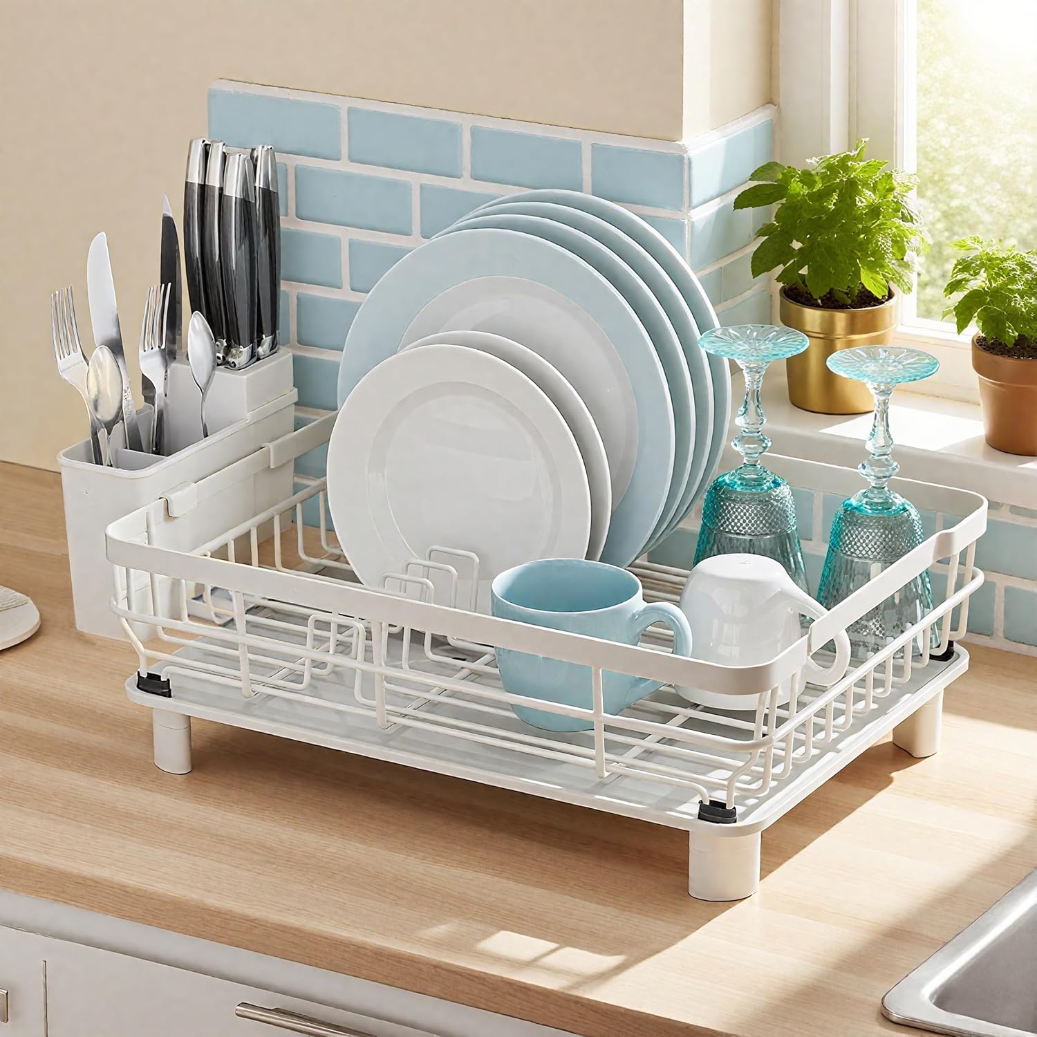 MOUKABAL Dish Drying Rack, Dish Rack, Large Dish Racks for Kitchen Counter, Drying Rack Kitchen with Removable Utensil Holder, Drainboard 16.9" x 12.9" x 5.9"(White)