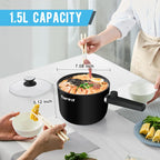 Topwit Hot Pot Electric, 1.5L Ramen Cooker, Portable Non-Stick Frying Pan, Electric Pot for Pasta, Steak, BPA Free, Electric Cooker with Dual Power Control, Over-Heating & Boil Dry Protection, Black