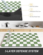 Rnivvi Dish Drying Mat for Kitchen Counter, 12 x 19" Cute Checkered Absorbent Draining Pad, Non-Slip Heat Resistant Coffee Bar Mats for Coffee Machine Station Accessories, Green White Dish Rack Pad