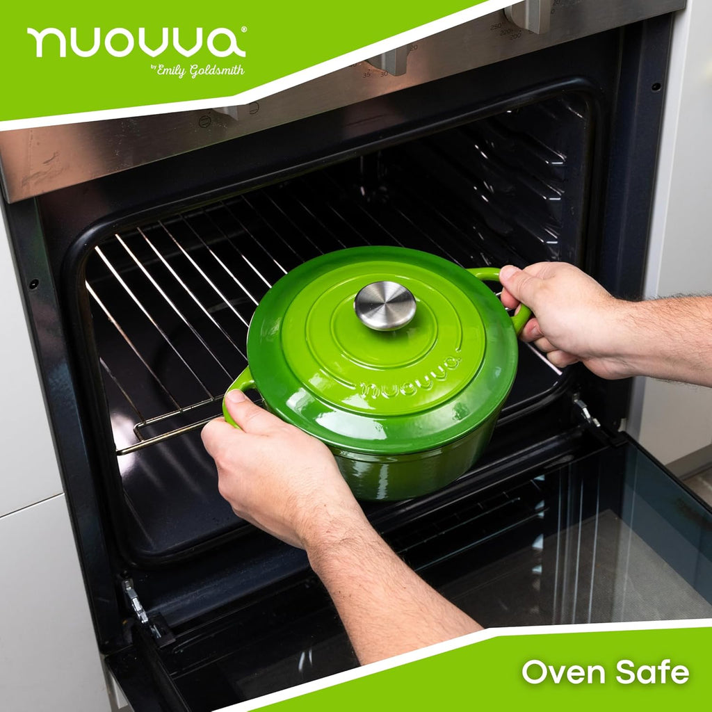 Cast Iron Pot with Lid – Non-Stick Ovenproof Enamelled Casserole Pot, Oven Safe up to 500° F – Sturdy Dutch Oven Cookware – Green, 5-Quart, 24cm – by Nuovva