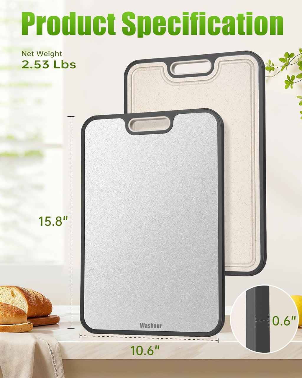 Stainless Steel Cutting Board, Double Sided 304 Steel & Food-Grade PP, Large Chopping Board Food Grade for Meat and Fruit, Non-Slip, Gifts for Housewarming 16”×11”