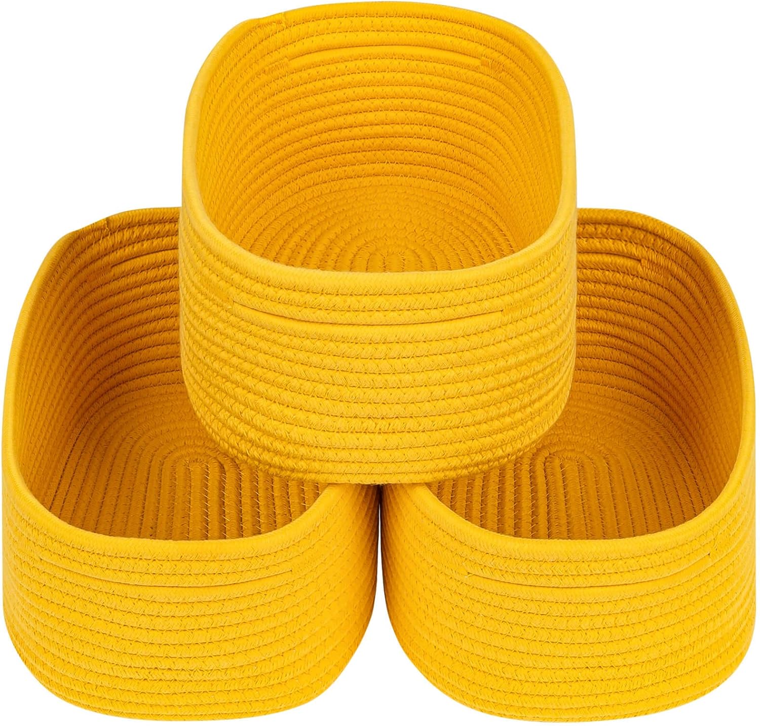 CubesLand Rope Woven Storage Baskets, Small Baby Nursery Organizer Basket, Rectangular Organization/Storage Bins, Closet Shelves Baskets，Empty Gift Basket 3 Packs, Yellow