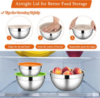 LIANYU Stainless Steel Metal Mixing Bowls, 3 Sizes Large and Small Salad Mixing Bowl Sets, Include Airtight Lids, Ideal for Kitchen Storage, Prepping, Baking, Three-Color