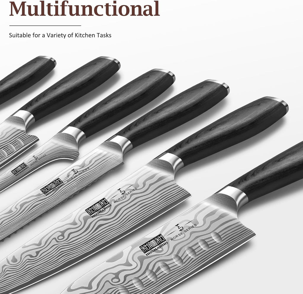HOSHANHO 7 Pieces Knife Set with Magnetic Knife Holder, Ultra Sharp Powder Steel Kitchen Knives Set, Professional Chef Knife Sets with Ergonomic Pakkawood Handle