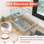 2-Tier Dish Drying Rack for Kitchen Counter, 304 Stainless Steel Dish Rack with Adjustable Drainboard, Removable Utensil Holder & Water Tray, Grey