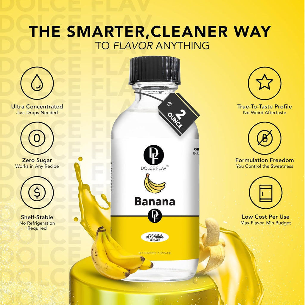 Dolce Flav Banana Extract – 2 Ounce Oil-Soluble Kosher, Sugar-Free, Concentrated Ripe Banana Flavoring for Baking, Smoothies & Ice Cream, Includes Measured Dropper