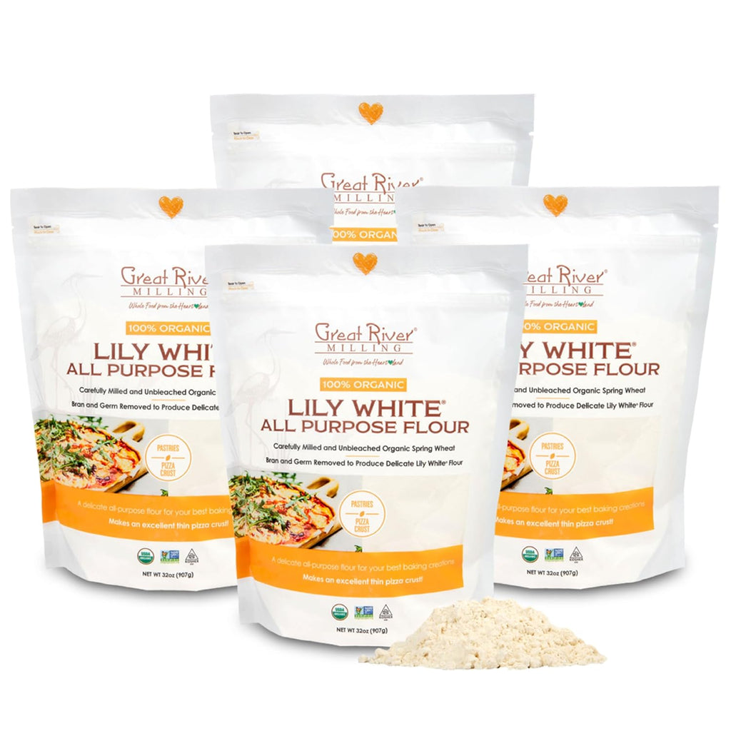 Great River Organic Milling Lily White Organic All-Purpose Flour | Unbleached & Unbromated | Non-GMO, Kosher | Ideal for Bread, Cookies, Cakes, Pizza Dough & Everyday Baking | 2 Lb (Pack of 4)