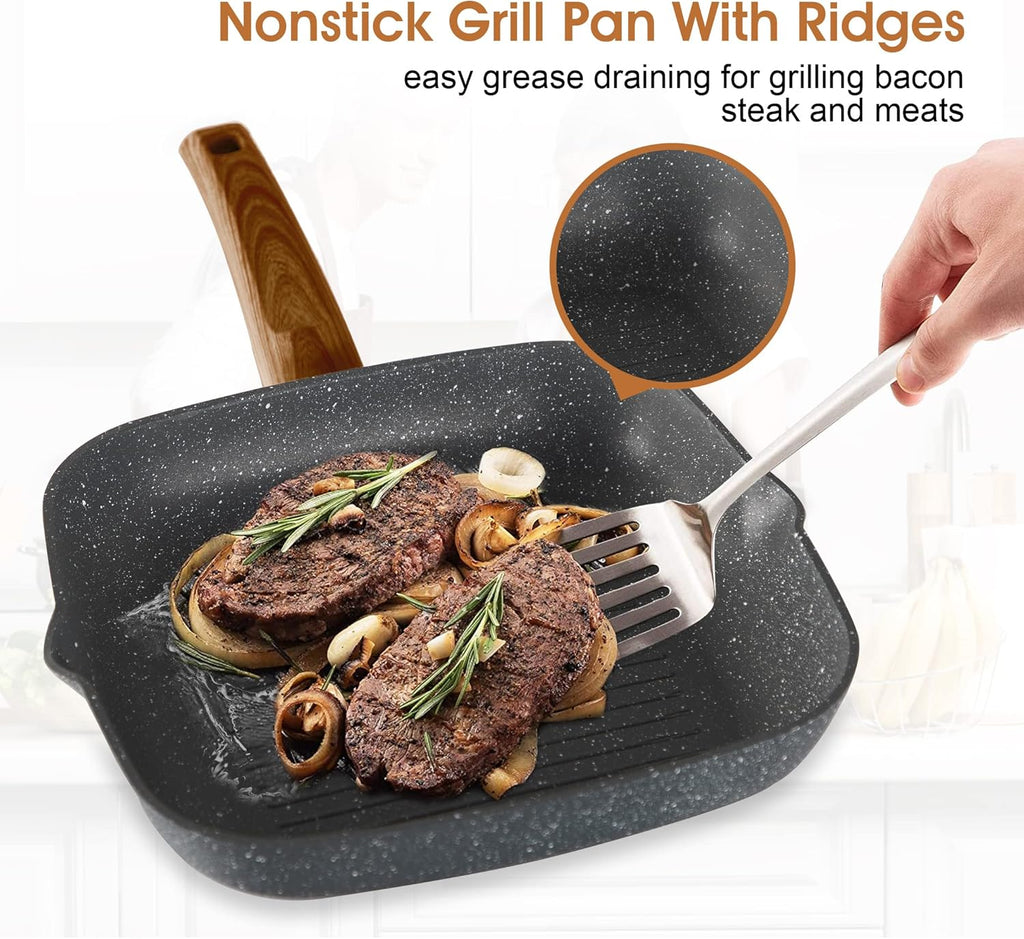 Kitchen Academy Induction Cookware Set-17 Piece Non-stick Cooking Pan Set, Black Granite Pots and Pans Set
