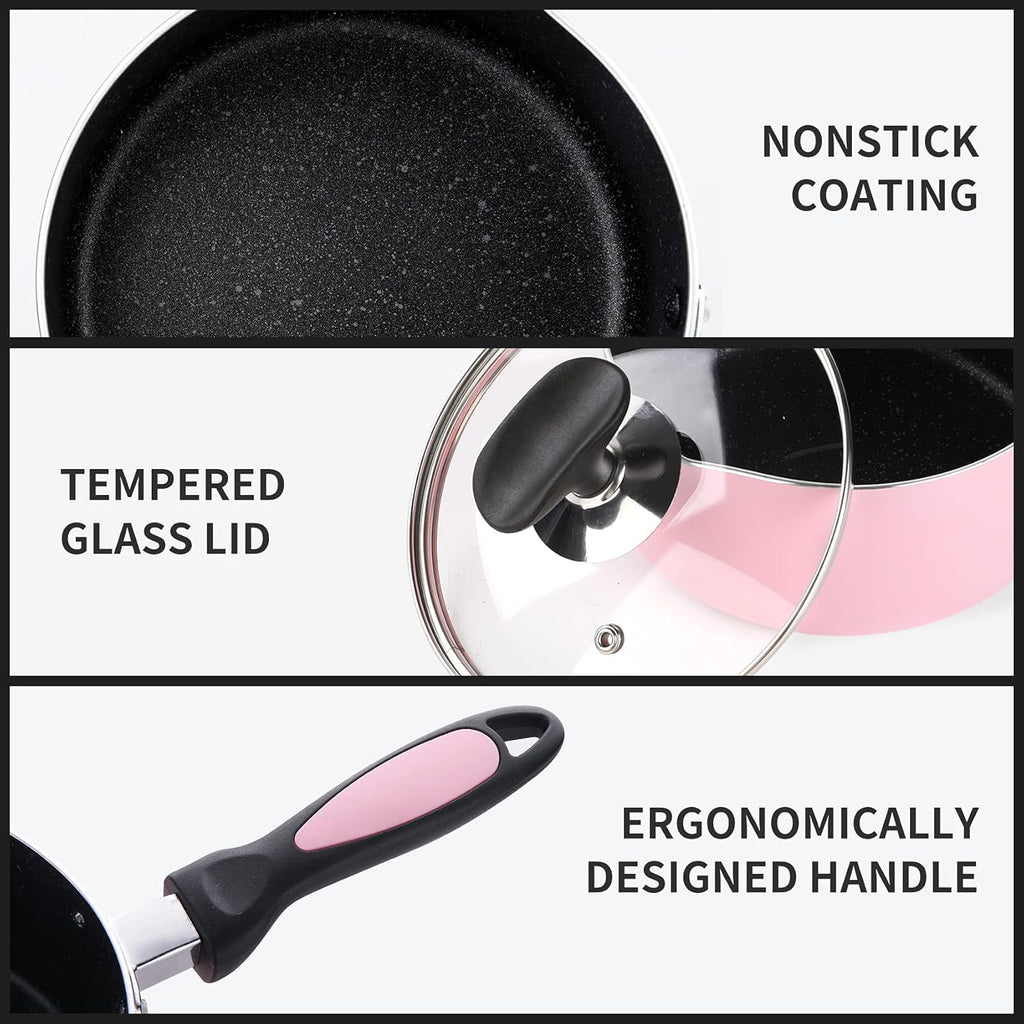 Nonstick Saucepan Set with Lid, Non Stick 1Qt & 2Qt Sauce Pan Set with Glass Lid Small Pot for Home Kitchen