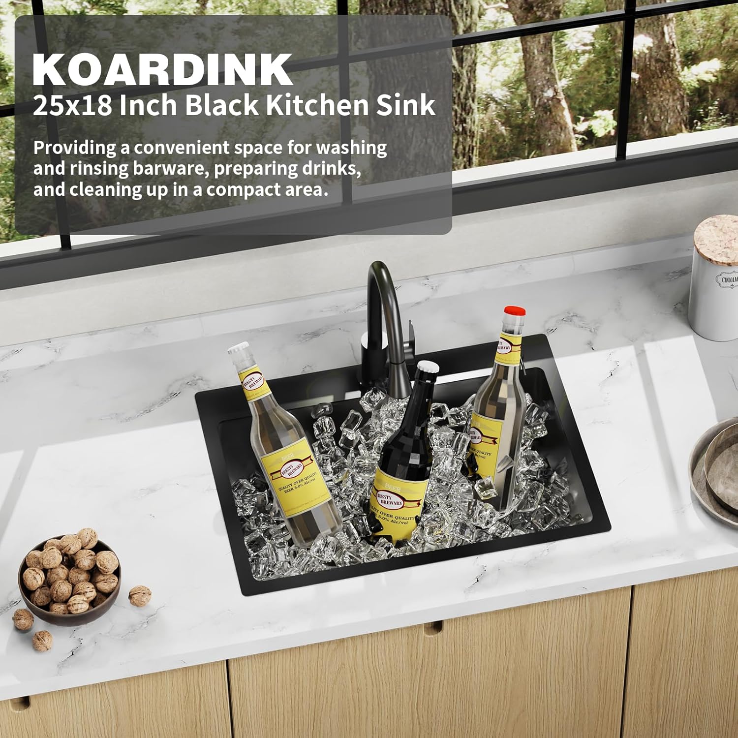 Black 25x18 Inch Kitchen And Bar Sink - Stainless Steel Drop In Single Bowl Topmount Modern Kitchen And Bar Sink With Spoon Rest,Drain Strainer Set Compatibility With Various Kitchen&Bar Style