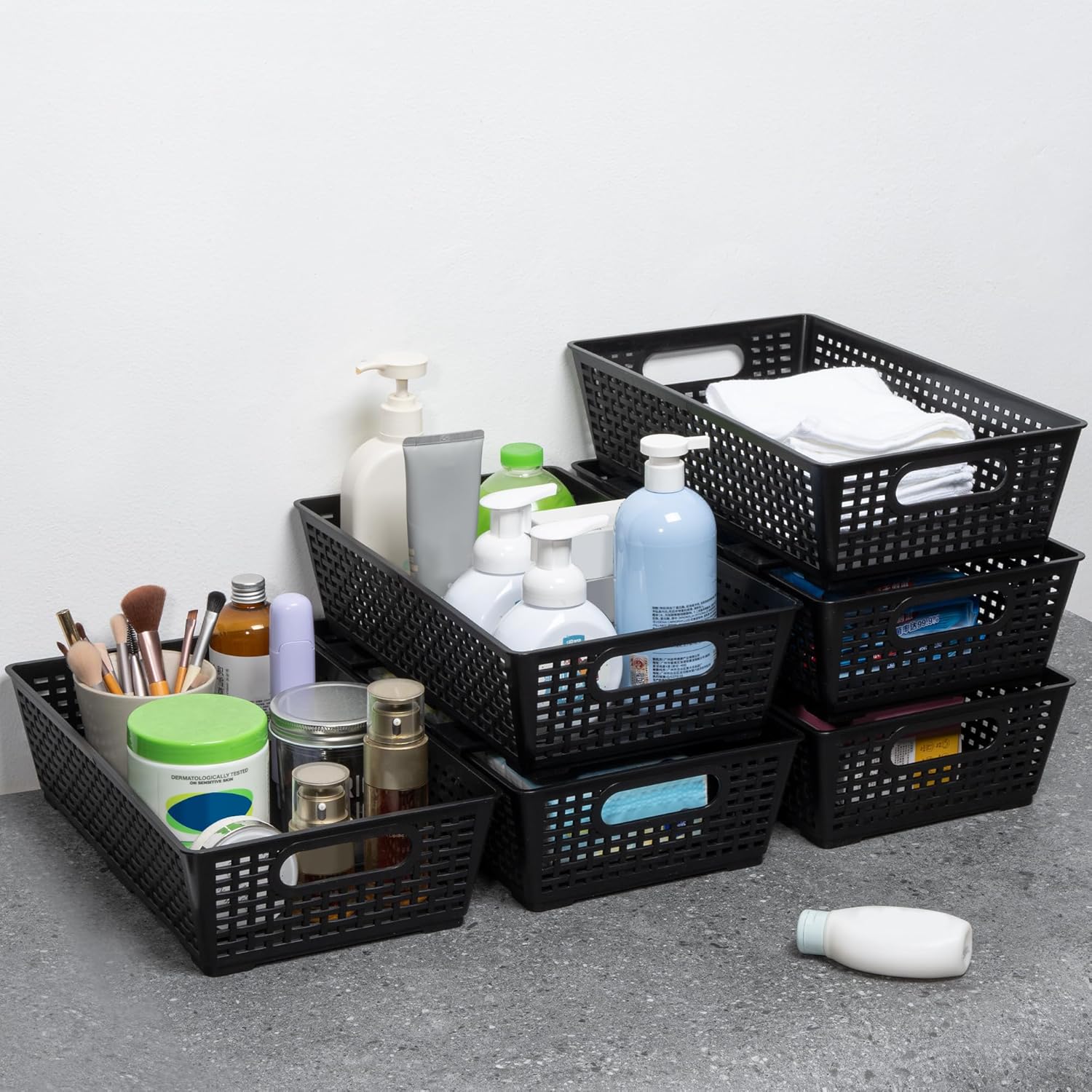 Stackable Woven Plastic Basket, Storage Bins for Cabinet, Closet, Shelf, Under Sink and Countertop, Pantry Organizer Bins, 6 Pack