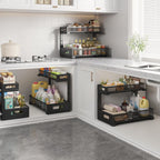 1 Pack 17IN Depth Under Sink Storage Organizer, Large 2-Tier Elegant Mesh Pull Out Shelf for Kitchen and Bathroom Cabinet Organization, L-Shaped and Adjustable Height Design-Black