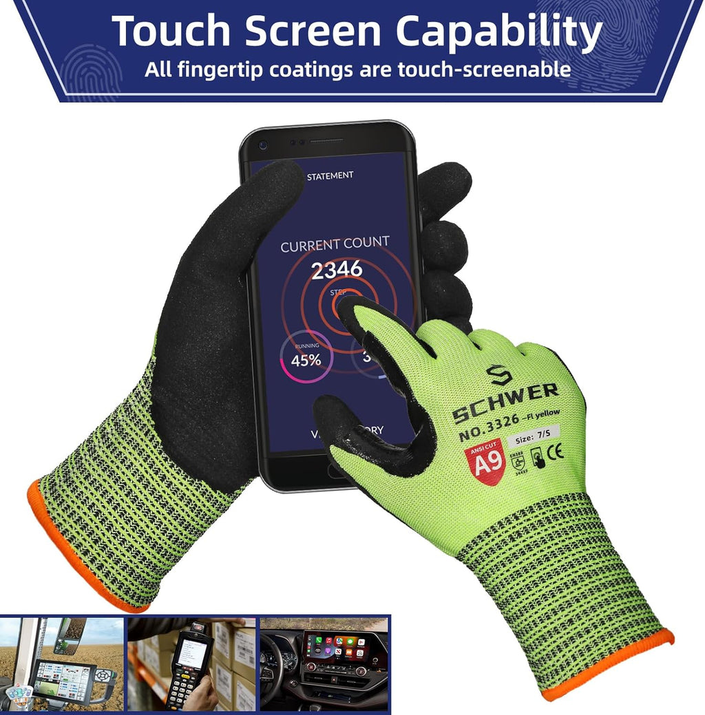 Schwer ProGuard Highest Level Cut Resistant Work Gloves PR3326 for Extreme Protection, ANSI A9 Working Gloves with Sandy Nitrile Coated, Touch-screen, Durable, Washable, Non PFAS, Yellow 1 Pair L