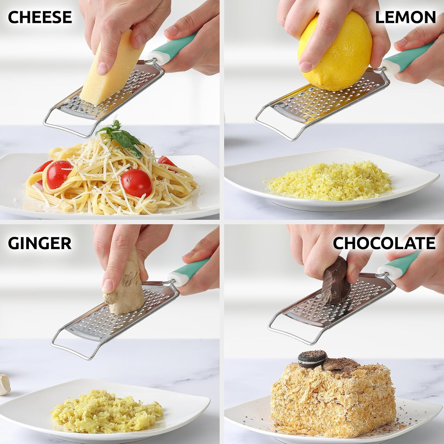 Zulay Kitchen Professional Cheese Grater Stainless Steel - Durable Rust-Proof Metal Lemon Zester Grater With Handle - Flat Handheld Grater For Cheese, Chocolate, Spices, And More - Mint