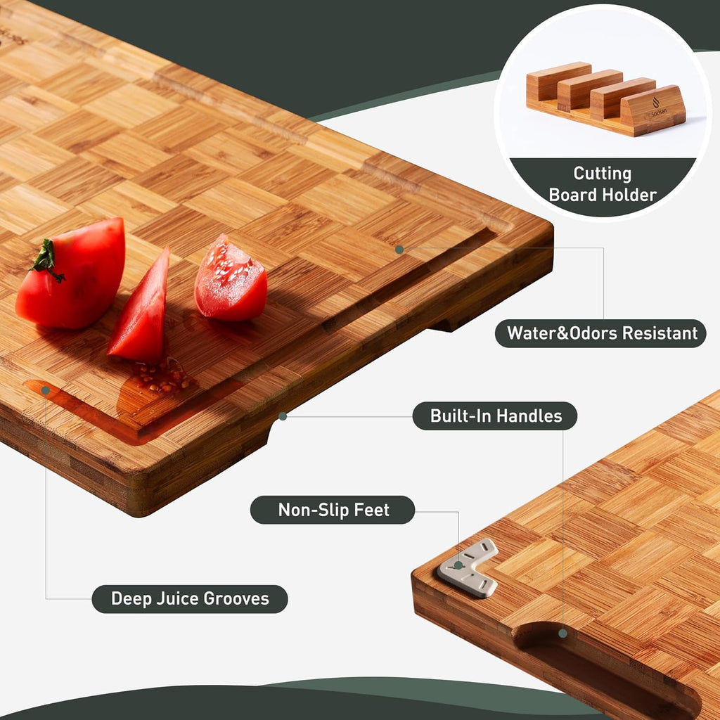 3 Pack Heavy Duty Bamboo Cutting Board Set Non Toxic Wooden Cutting Board for Kitchen Non Slip Solid End Grain Thick Wood Juice Groove Chopping Board Extra Large Big Small Best House Warming Gift