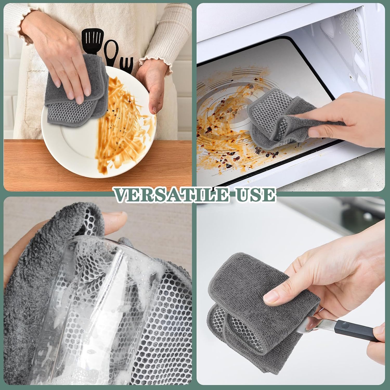 SINLAND Microfiber Dish Cloth for Washing Dishes Dish Washing Rags Best Kitchen Washcloth Cleaning Cloths Wash Cloths with Poly Scour Side 7.87Inchx7.87Inch 10 Pack Grey