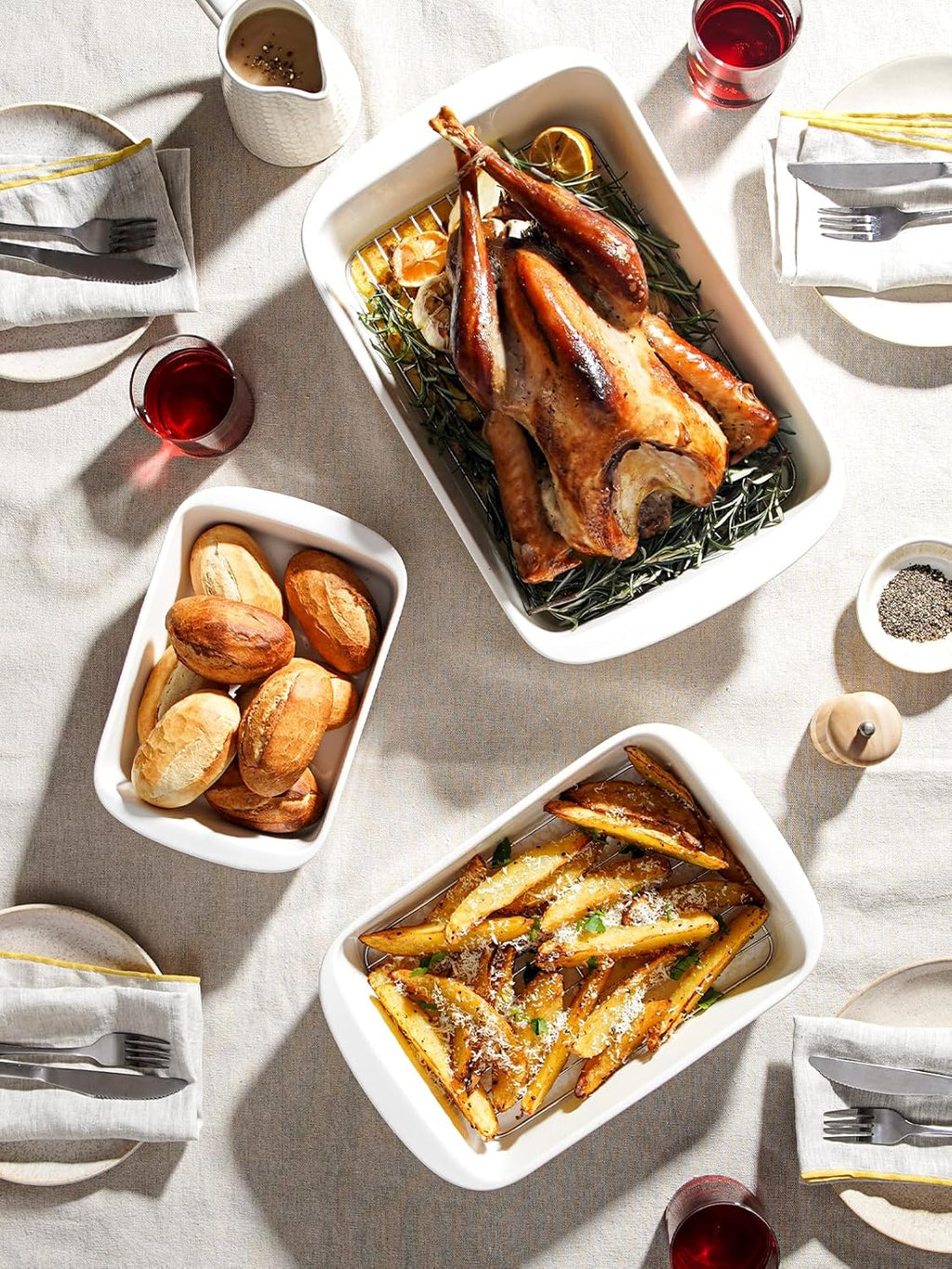 LE TAUCI Deep Casserole Dishes for Oven, 13.7”x9.6” Ceramic Baking Dish Set with Roasting Racks, Large Lasagna Pans with Handles, Rectangular Bakeware as Gift for Mom, White (4.6QT/3.0QT/1.6QT), Set of 3