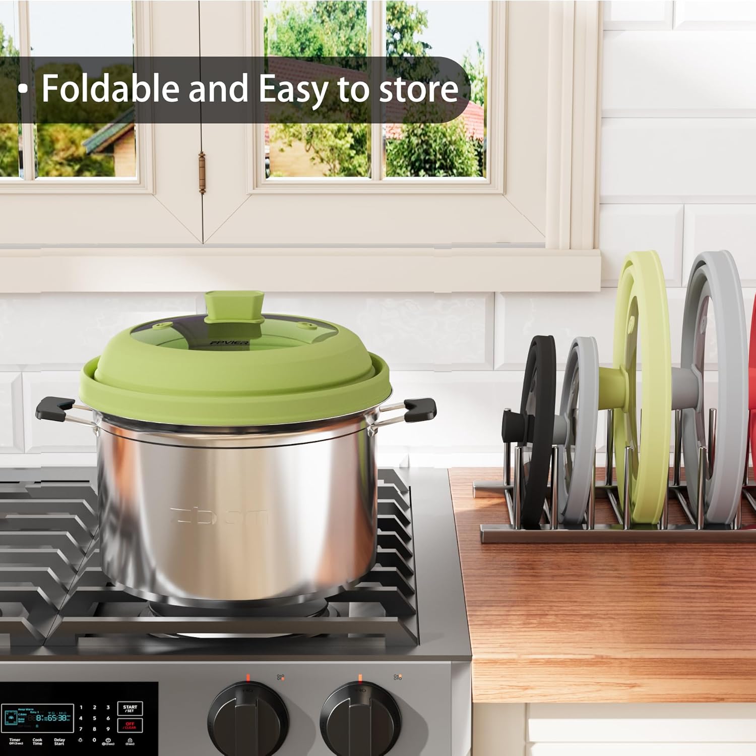 Microwave Splatter Cover, Vented Silicone and Glass Cover Splatter Guard Lid, Food Collapsible Plate Cover Lid with Easy Grip Handle. (Green, 11.8 inch)