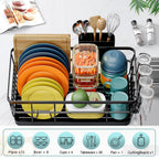Dish Drying Rack for Kitchen Counter, Large Dish Racks with Drainboard, Kitchen Sink Dish Strainer Rack, Countertop Dish Drainer Rack with Cup & Utensil Holders, Dish Dryer Rack Large Size Black